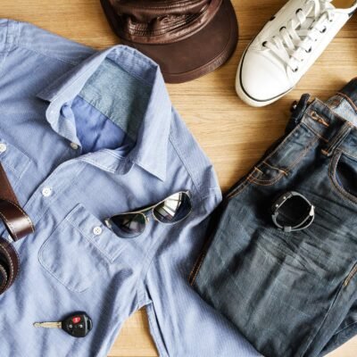 flat lay of men casual fashion outfits on wooden b p8xwehx